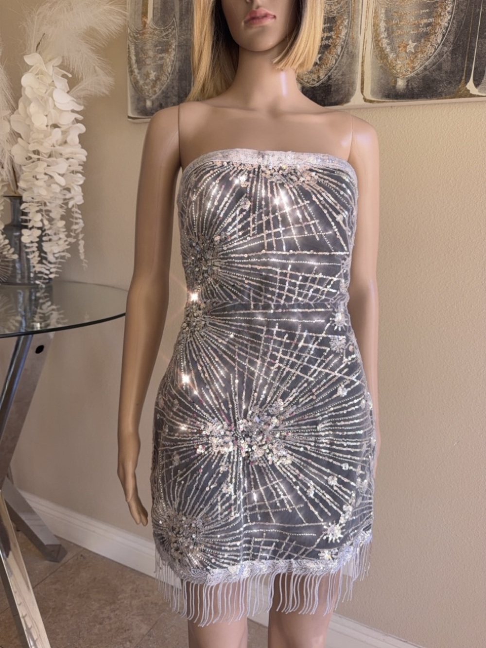 Finesse Silver Strapless Sequin Fringe Mini Dress